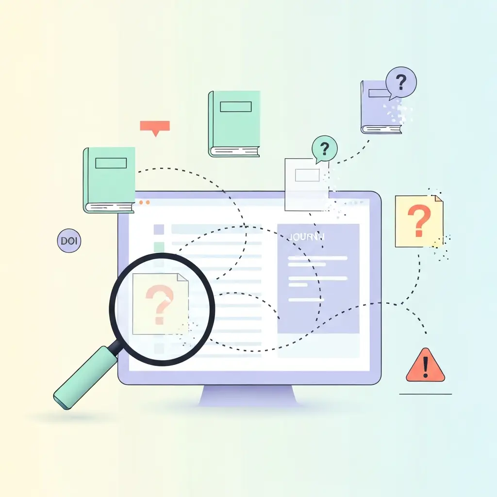 Estudiante universitaria preocupada frente a su portátil mostrando símbolos de advertencia en su tesis