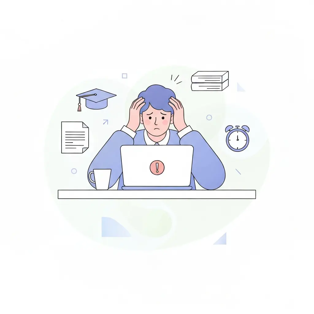 Estudiante universitario estresado frente a su laptop recibiendo alerta sobre su tesis