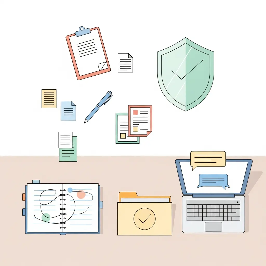 Espacio de trabajo con documentación de transparencia y registro de uso de IA