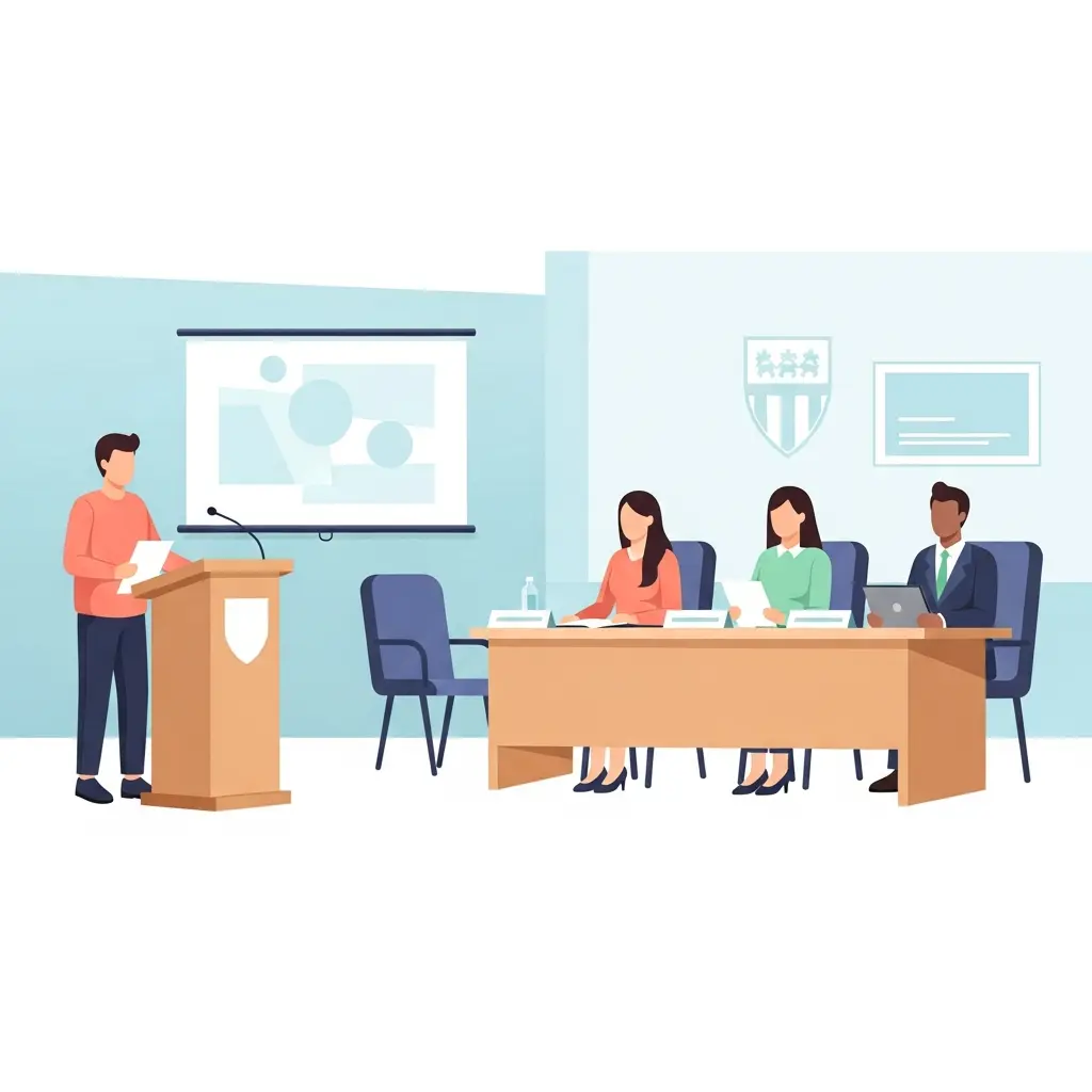 Estudiante defendiendo su TFG ante un tribunal universitario con postura segura y profesional