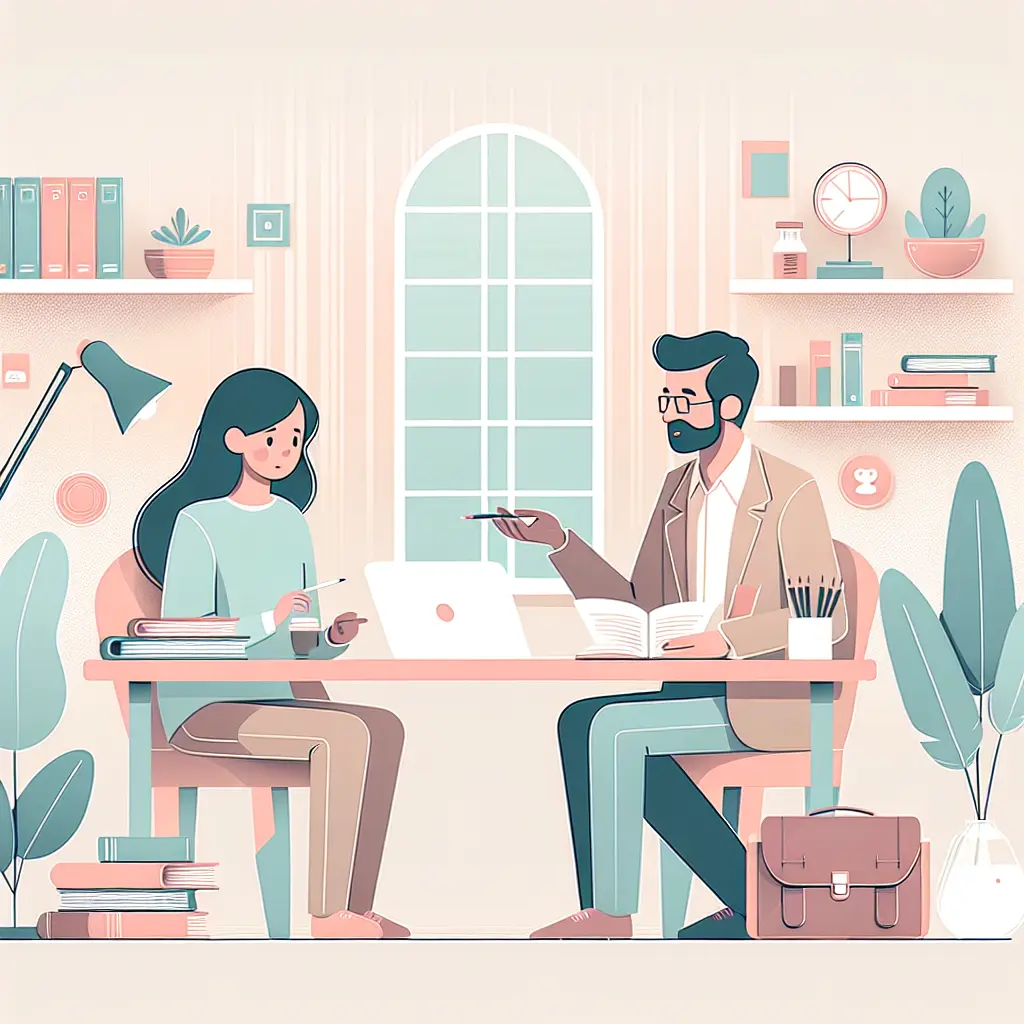 Reunión de tutoría académica entre estudiante y profesor revisando un trabajo de investigación