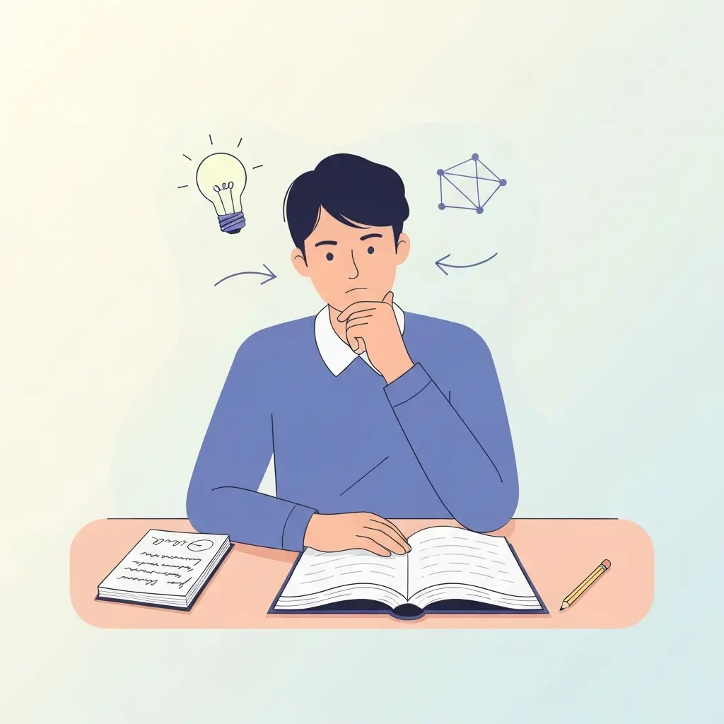 Estudiante universitario comprendiendo profundamente un texto académico