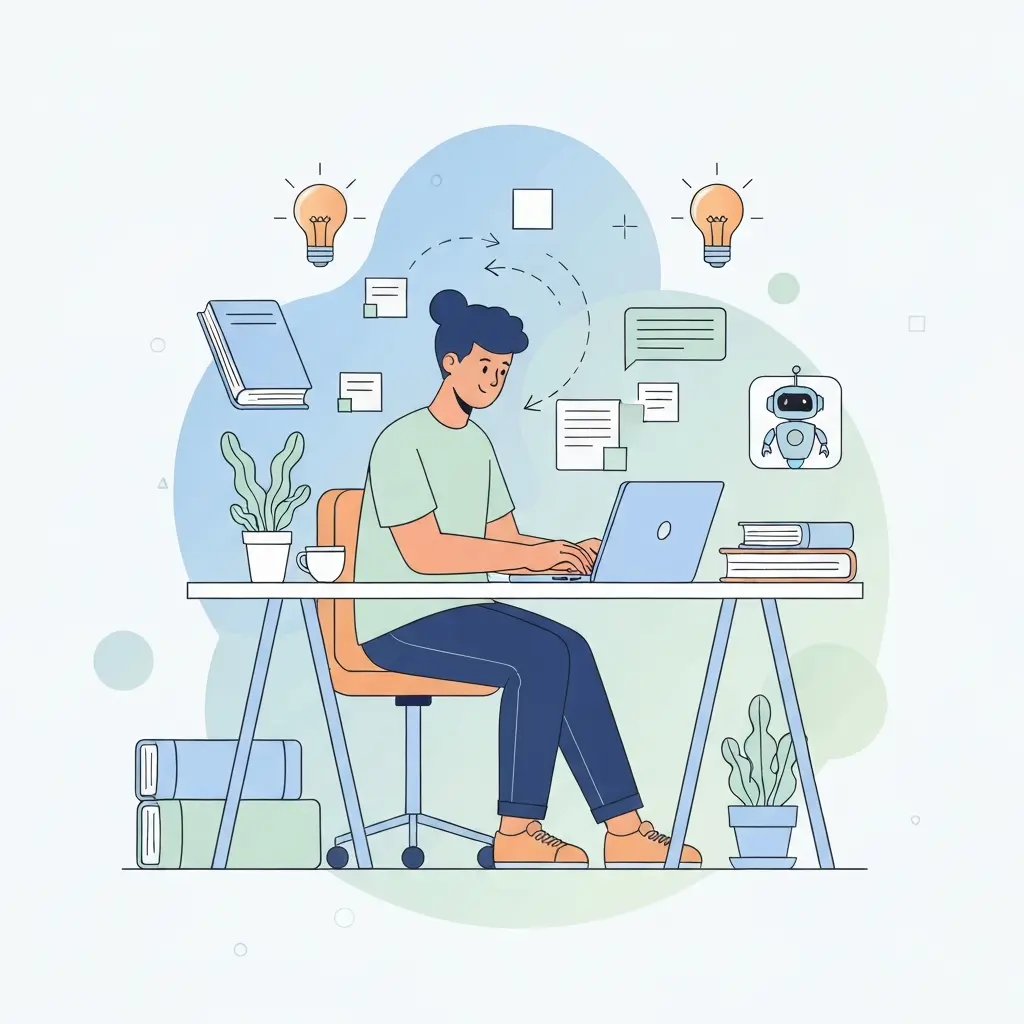 Estudiante escribiendo su tesis de forma auténtica con IA como herramienta de apoyo, no como autor