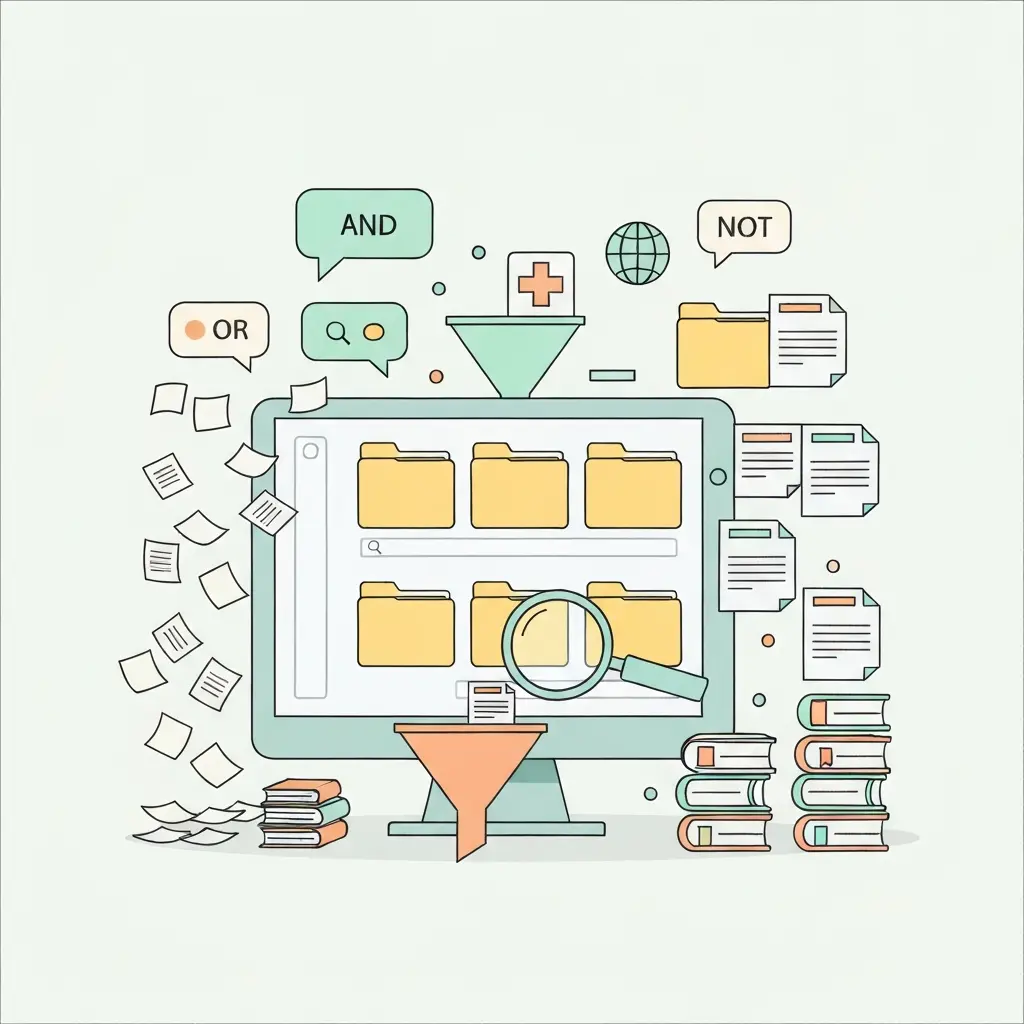 Proceso de búsqueda sistemática con bases de datos, operadores booleanos y filtrado de resultados