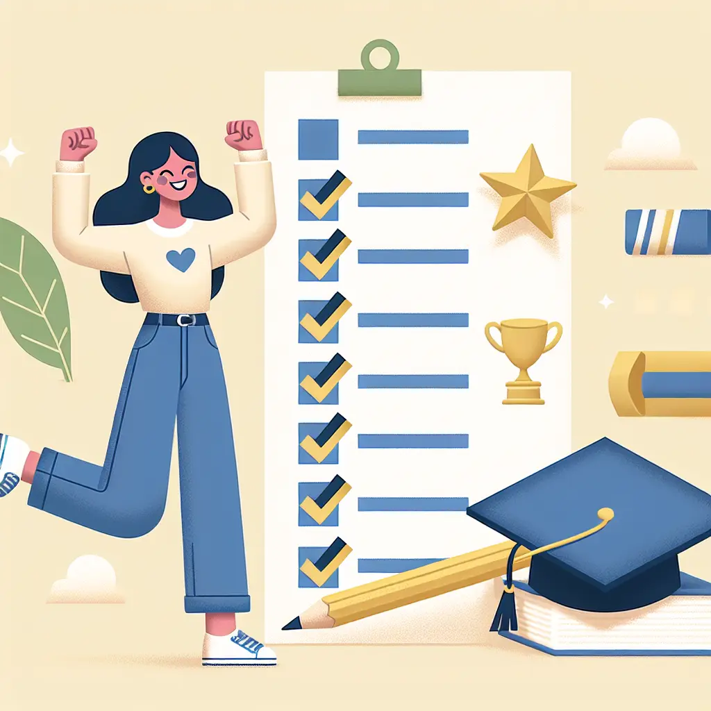 Estudiante exitoso celebrando junto a una lista de verificación completada