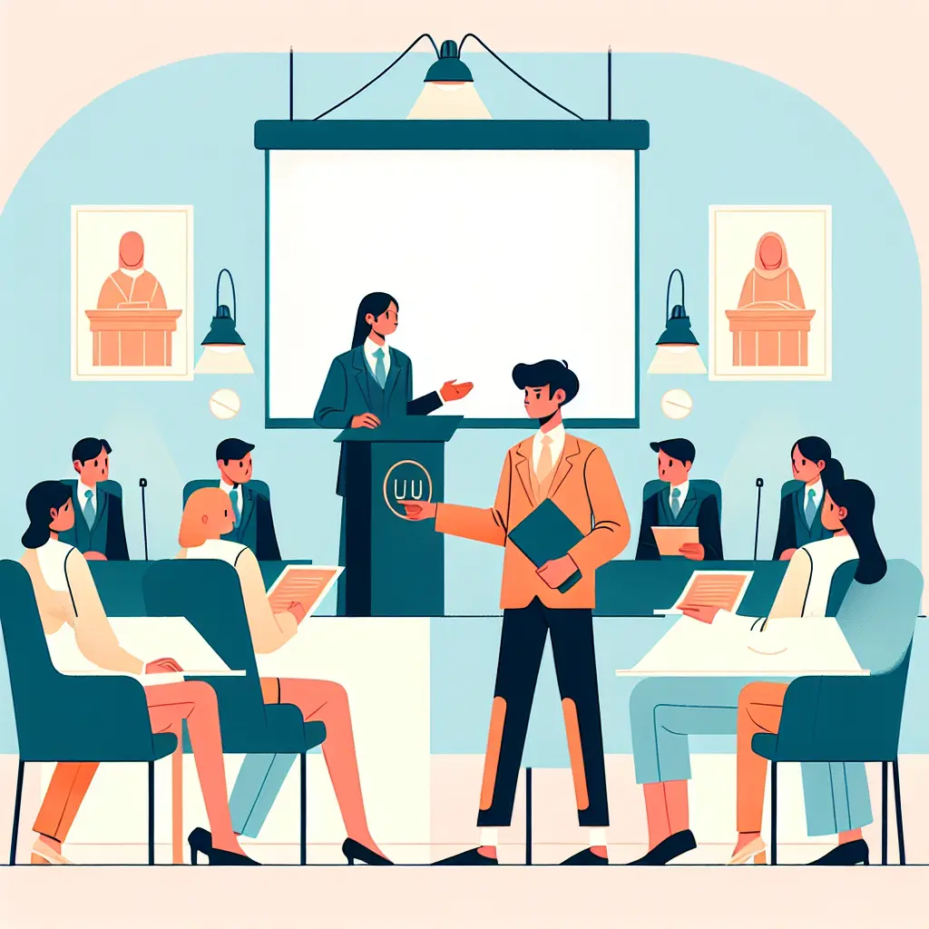 Escena de defensa oral del TFG con estudiante presentando ante un tribunal evaluador