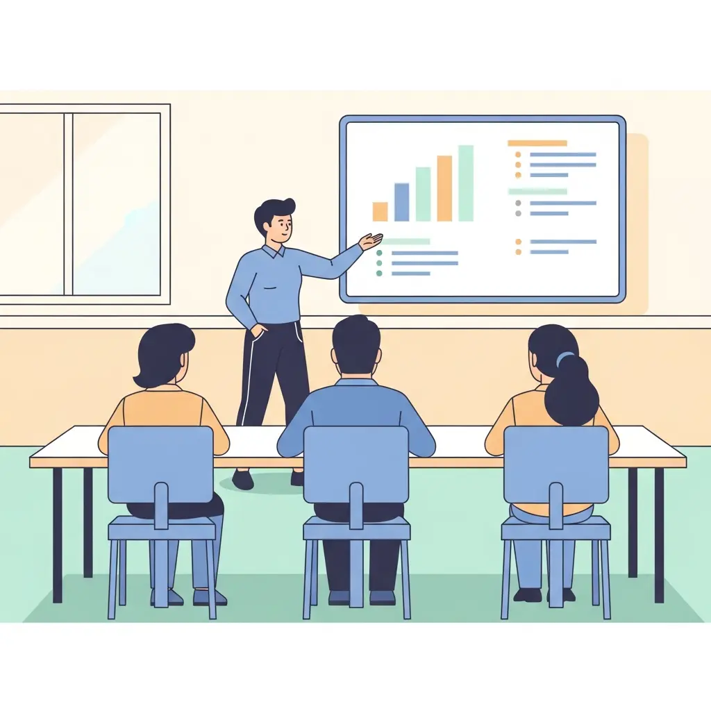 Estudiante presentando su defensa de TFG ante el tribunal con confianza