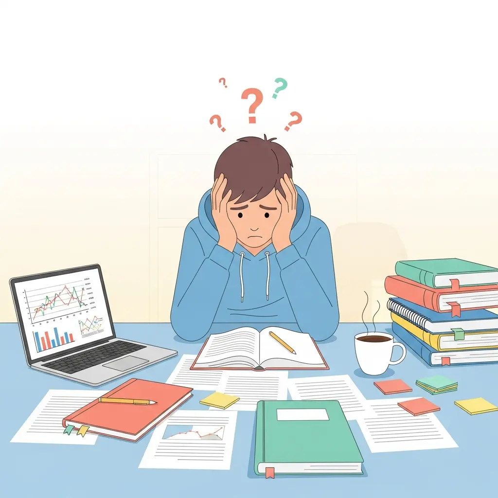 Estudiante universitario agobiado frente a su escritorio con papeles y libros