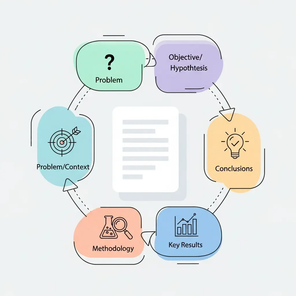 Diagrama visual de los cinco elementos esenciales de un resumen doctoral: problema, objetivo, metodología, resultados y conclusiones