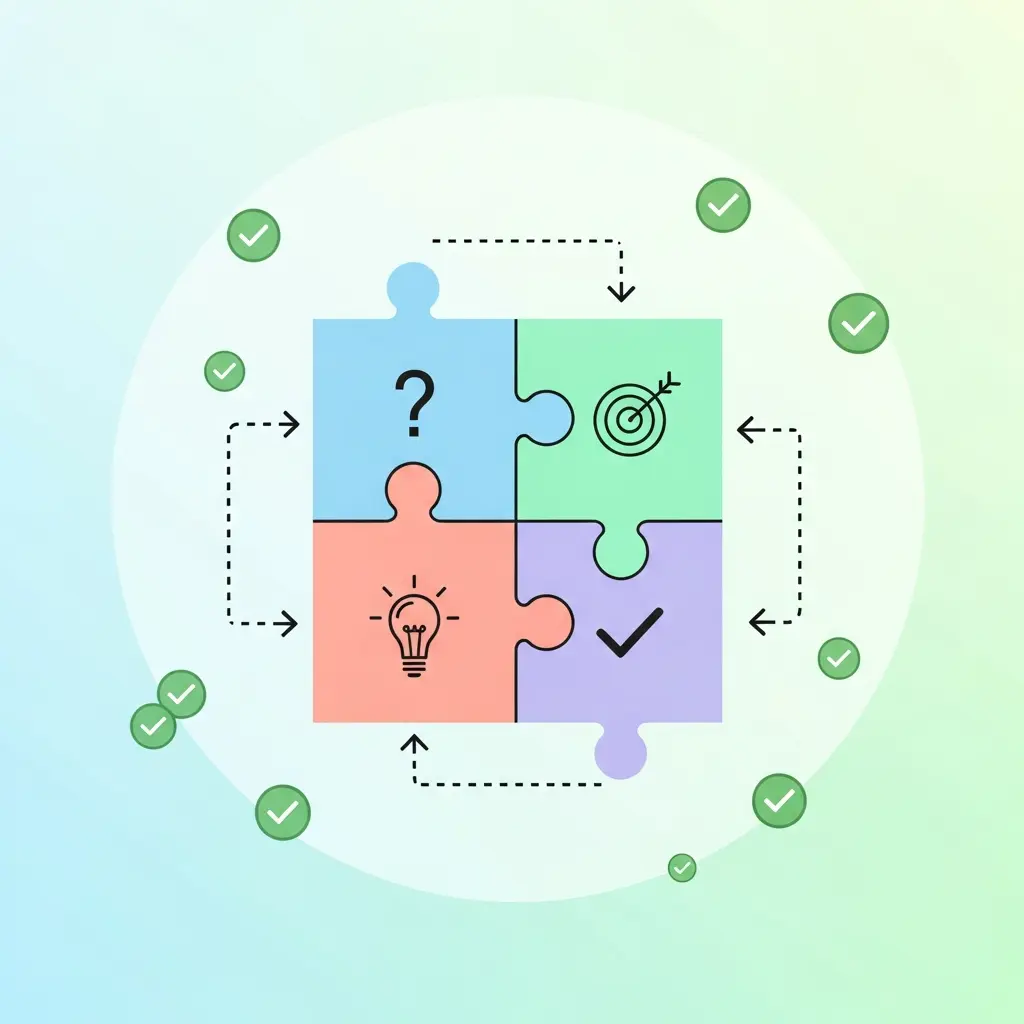 Cuatro piezas de puzzle encajando perfectamente, representando la coherencia entre pregunta de investigación, objetivos, hipótesis y conclusiones