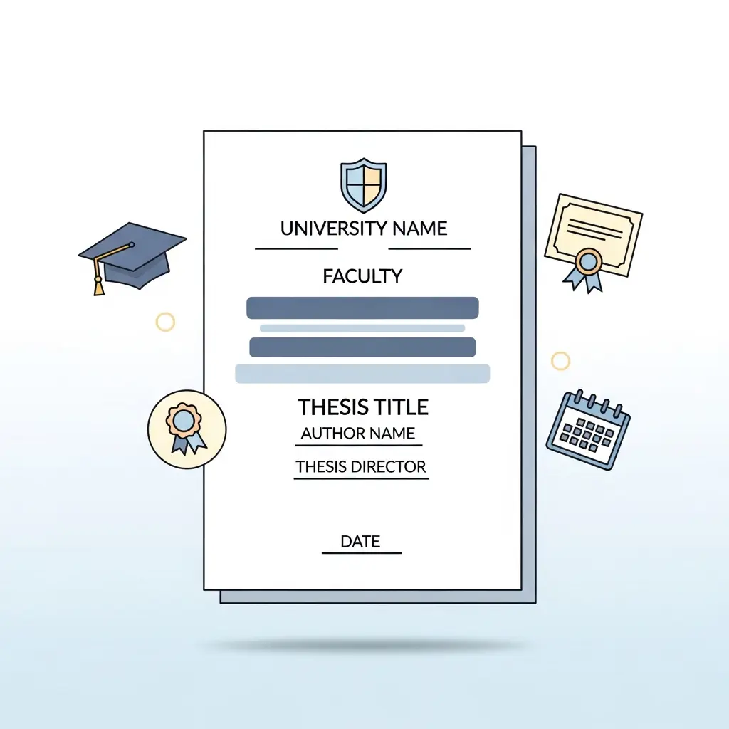 Elementos esenciales de una portada de tesis doctoral: logo universitario, título, autor, director y fecha organizados visualmente