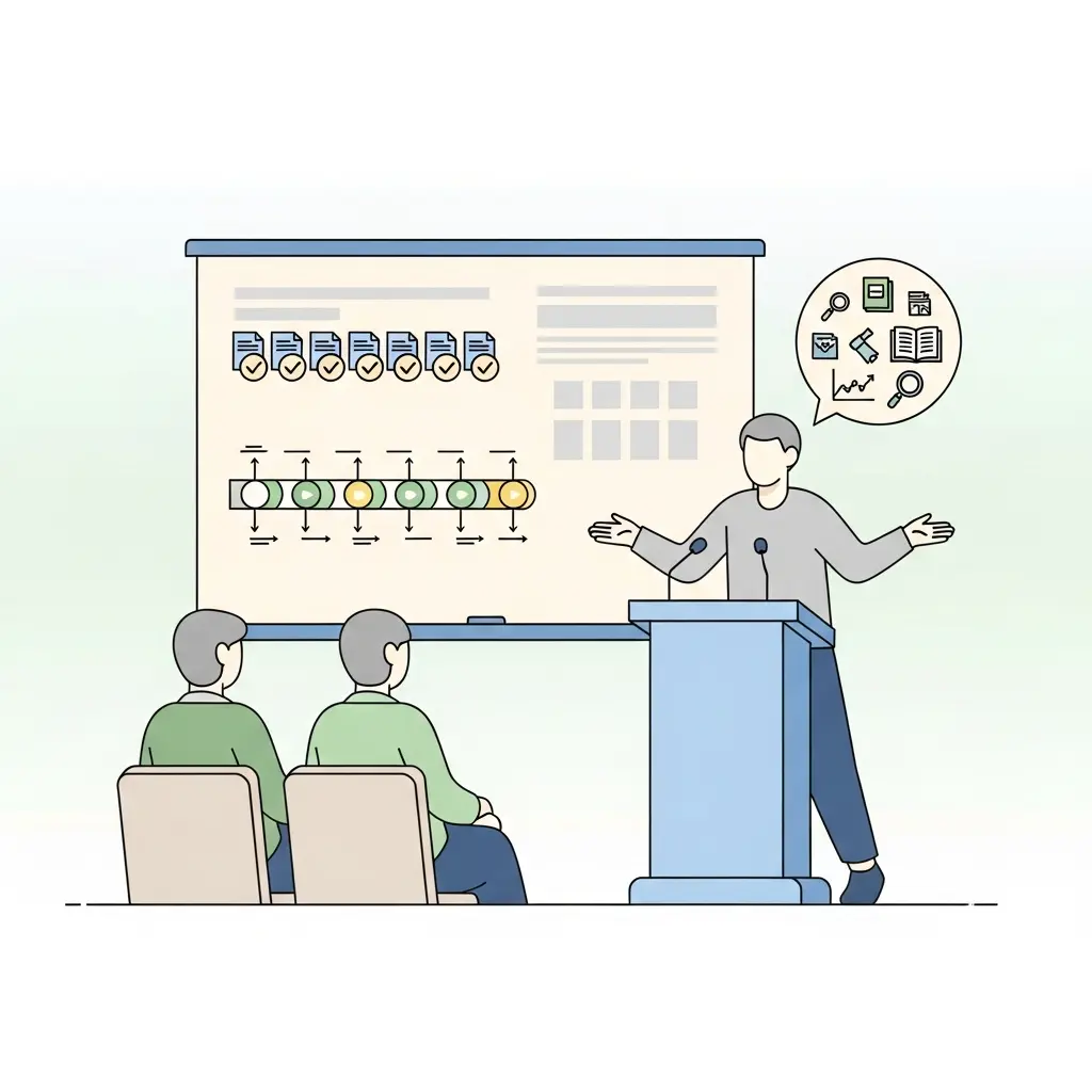 Estudiante preparado defendiendo su tesis con confianza ante un tribunal académico