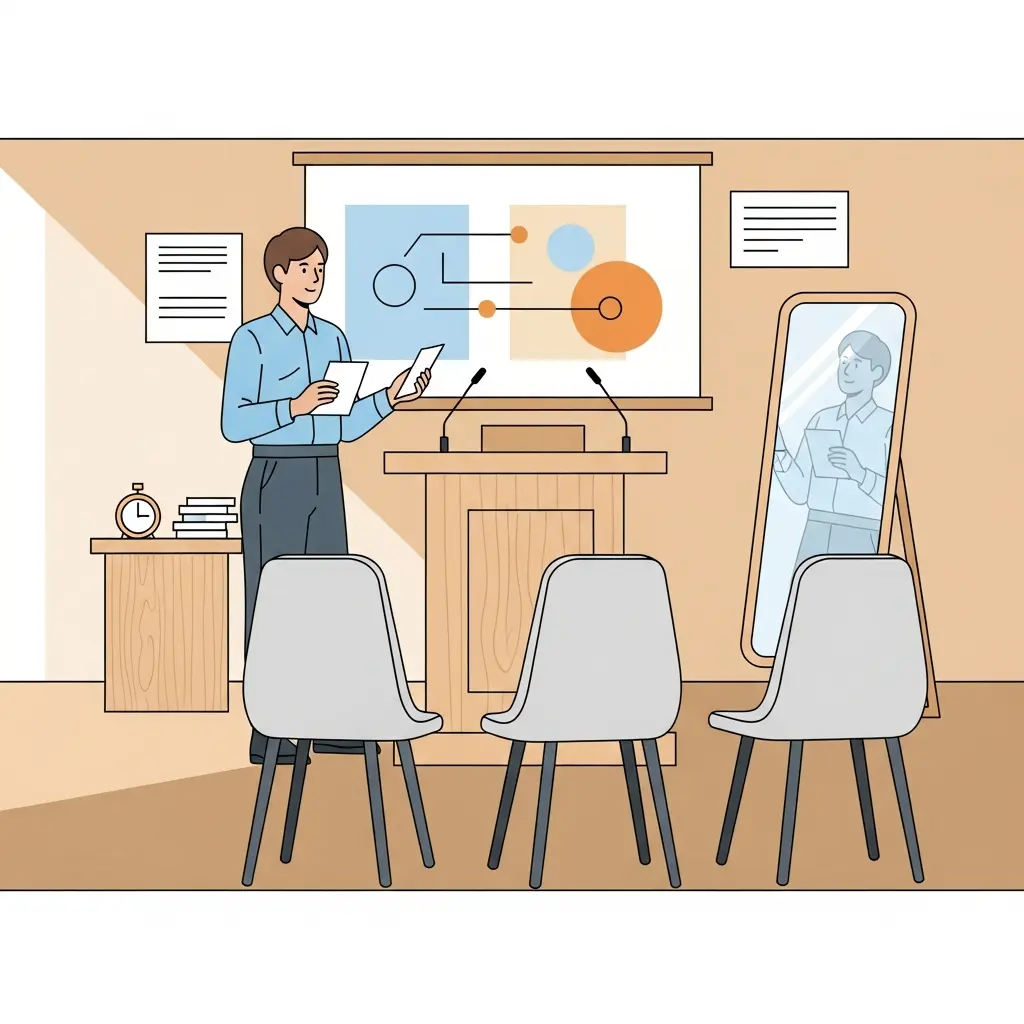 Estudiante preparando su defensa de tesis frente a un atril de presentación