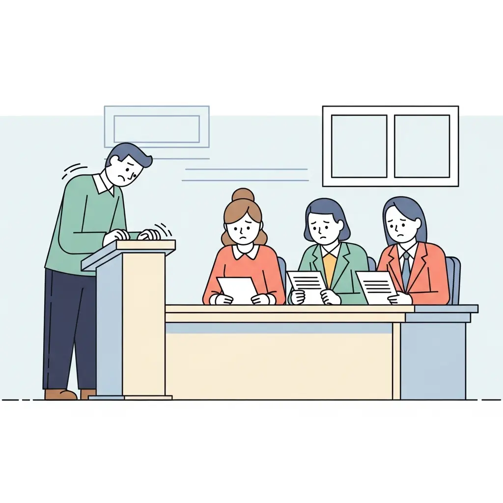 Ilustración de un doctorando nervioso frente a un tribunal evaluador durante la defensa de tesis