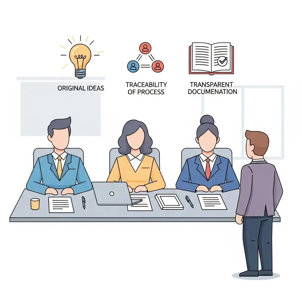 Tribunal de tesis doctoral evaluando a un candidato con criterios de originalidad, trazabilidad y transparencia