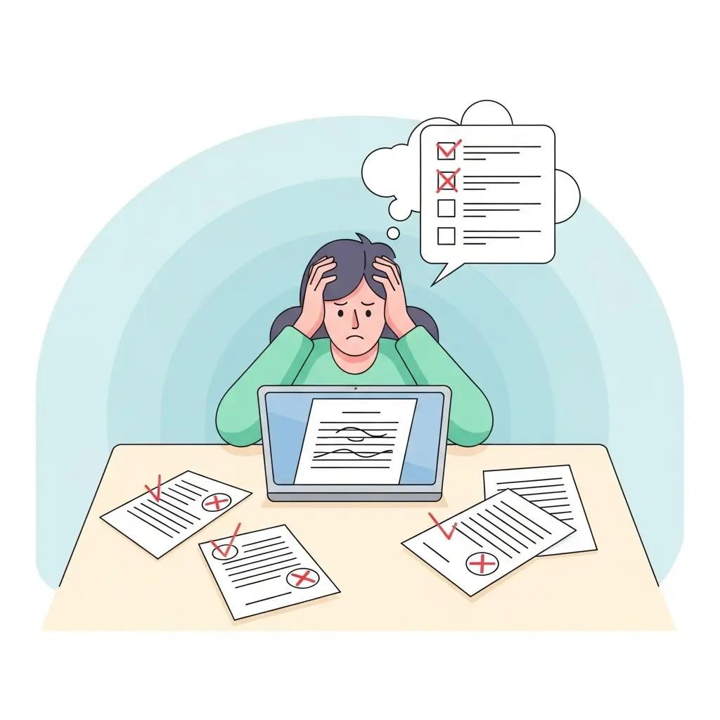 Estudiante universitario frustrado trabajando en su laptop con papeles llenos de correcciones en rojo