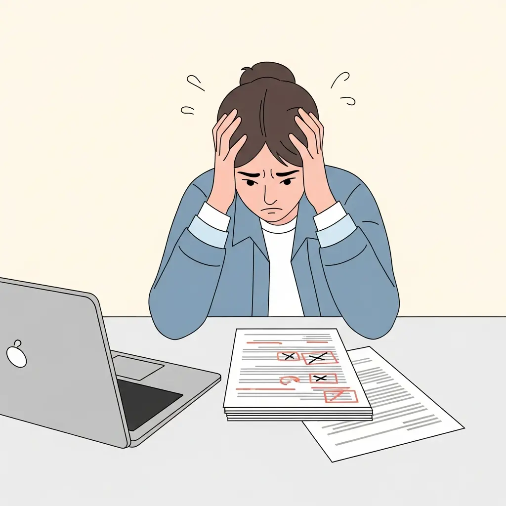 Estudiante universitario frustrado revisando correcciones en su tesis