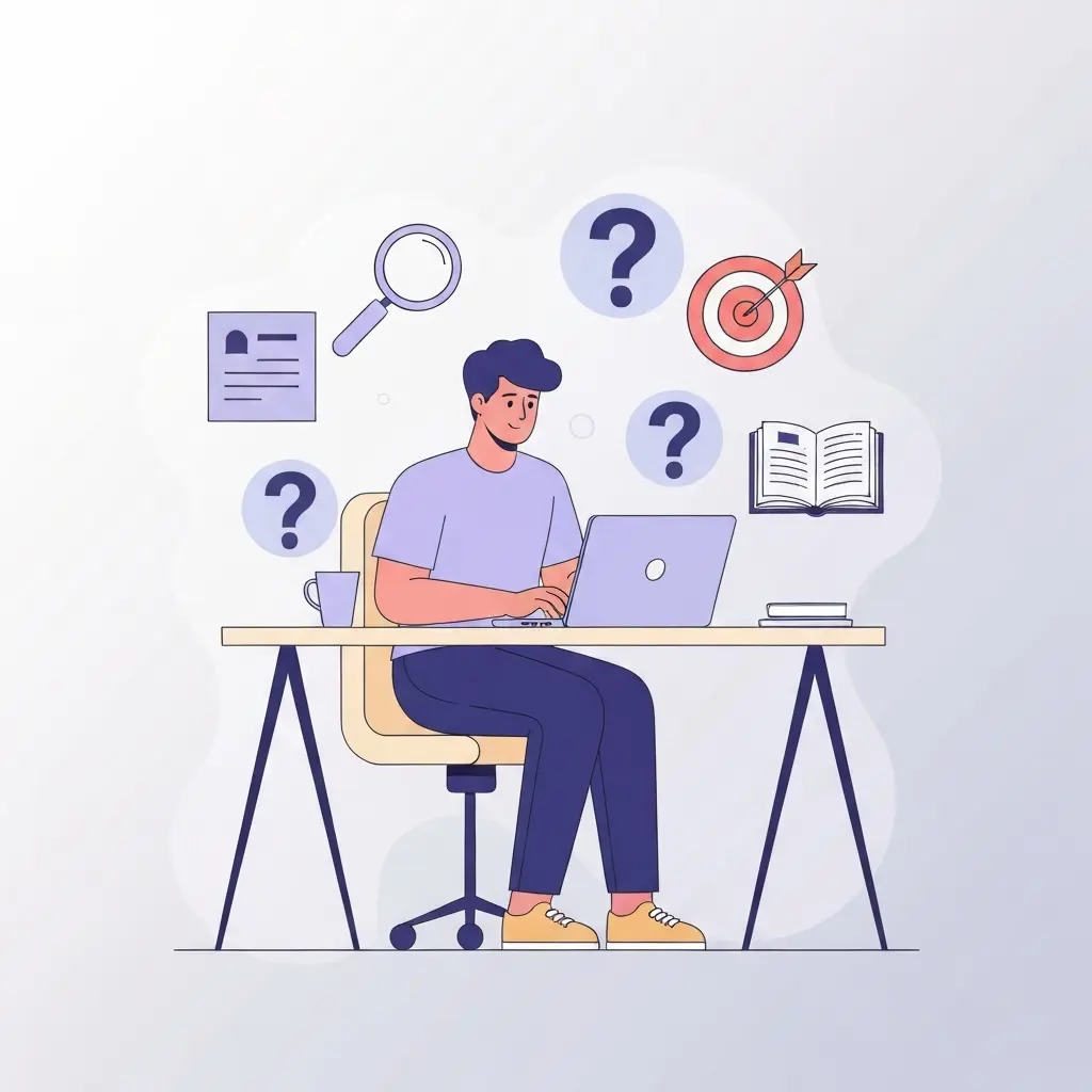 Estudiante universitario trabajando en la introducción de su tesis con elementos clave flotando alrededor: lupa de investigación, objetivo, signos de interrogación y libro abierto