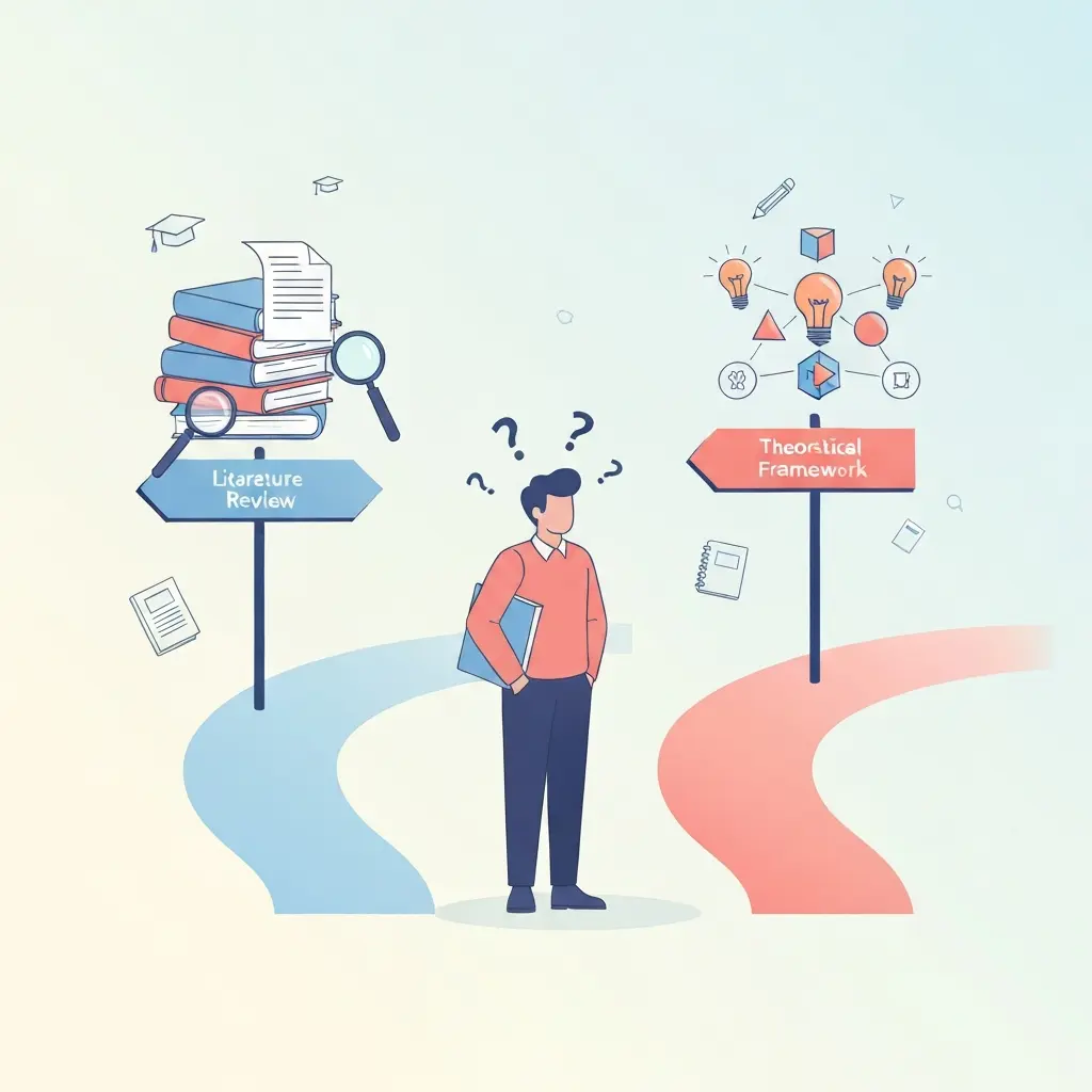 Estudiante confundido entre dos caminos: uno representa la revisión de literatura con documentos y lupas, otro el marco teórico con conceptos abstractos