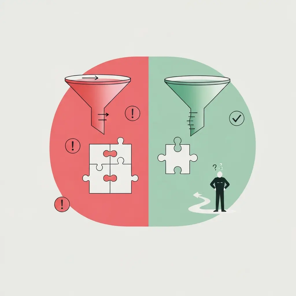 Contraste visual entre errores comunes en tesis y soluciones correctas: embudo demasiado amplio vs. embudo bien estructurado, piezas desconectadas vs. puzzle coherente