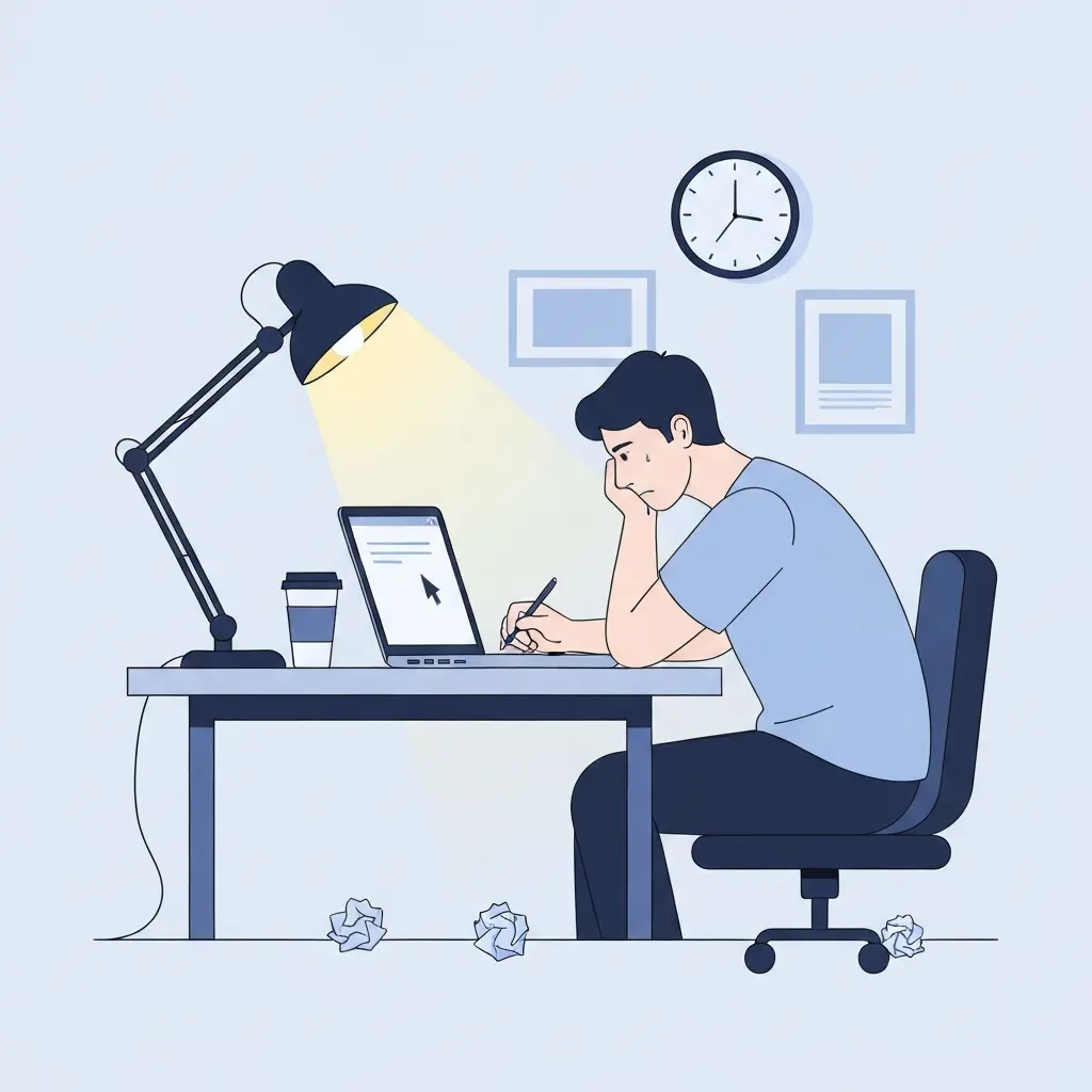 Estudiante universitario frustrado frente al portátil a altas horas de la noche, representando el bloqueo al escribir la tesis