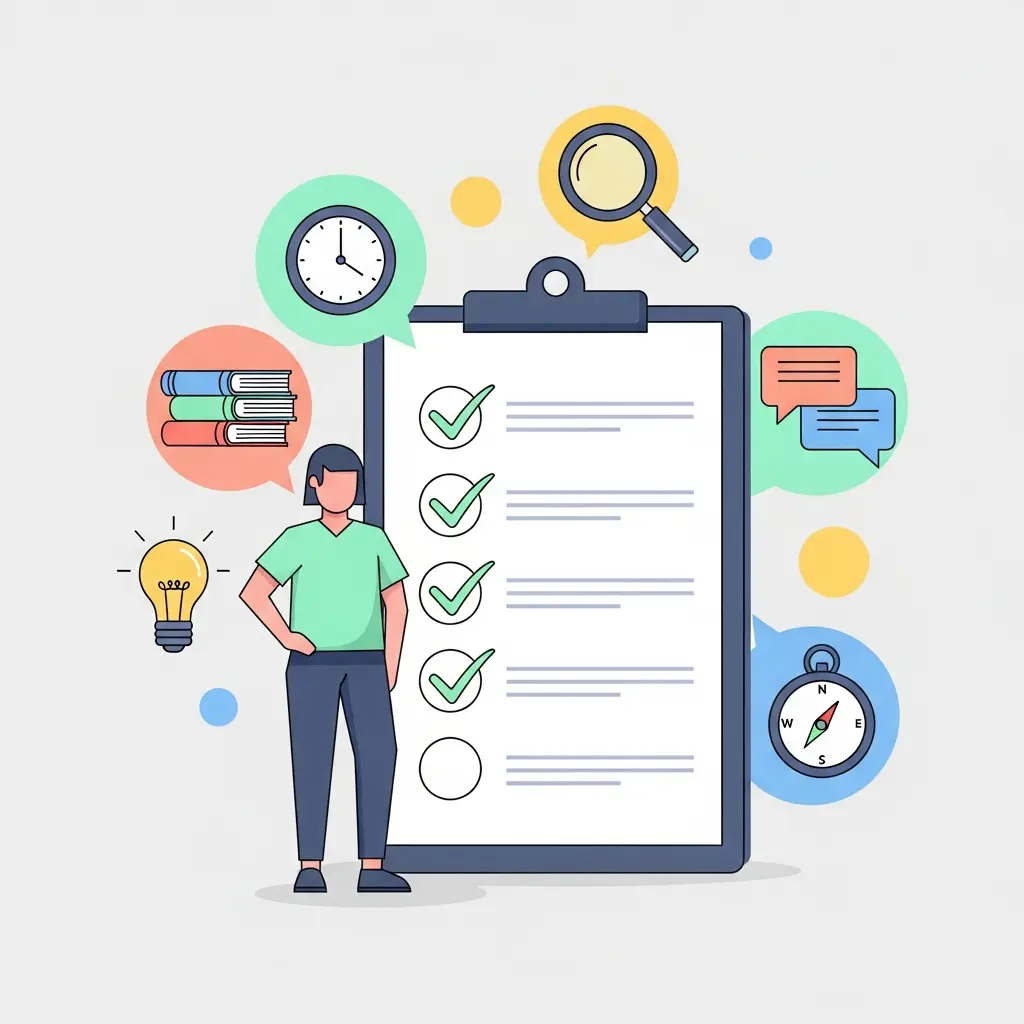 Estudiante junto a una lista de verificación con siete criterios para elegir tema de tesis, rodeado de iconos representando tiempo, relevancia, pasión y recursos