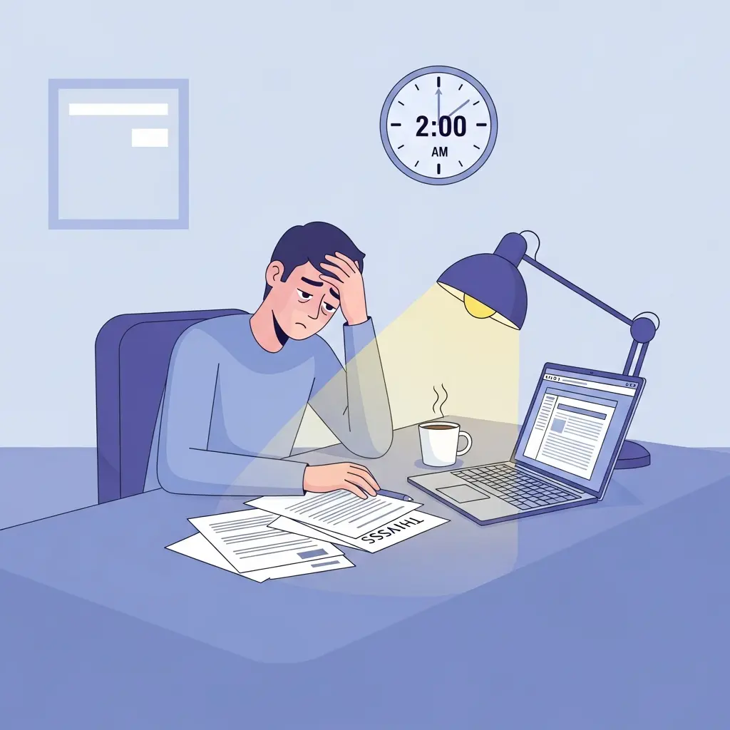 Estudiante universitario trabajando de madrugada en su tesis, reflejando el estrés típico de la corrección de última hora