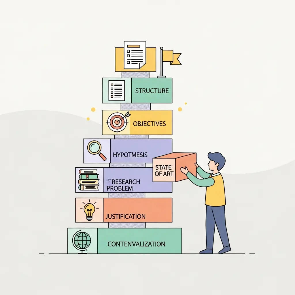 Bloques de construcción representando los elementos estructurales de una introducción de tesis