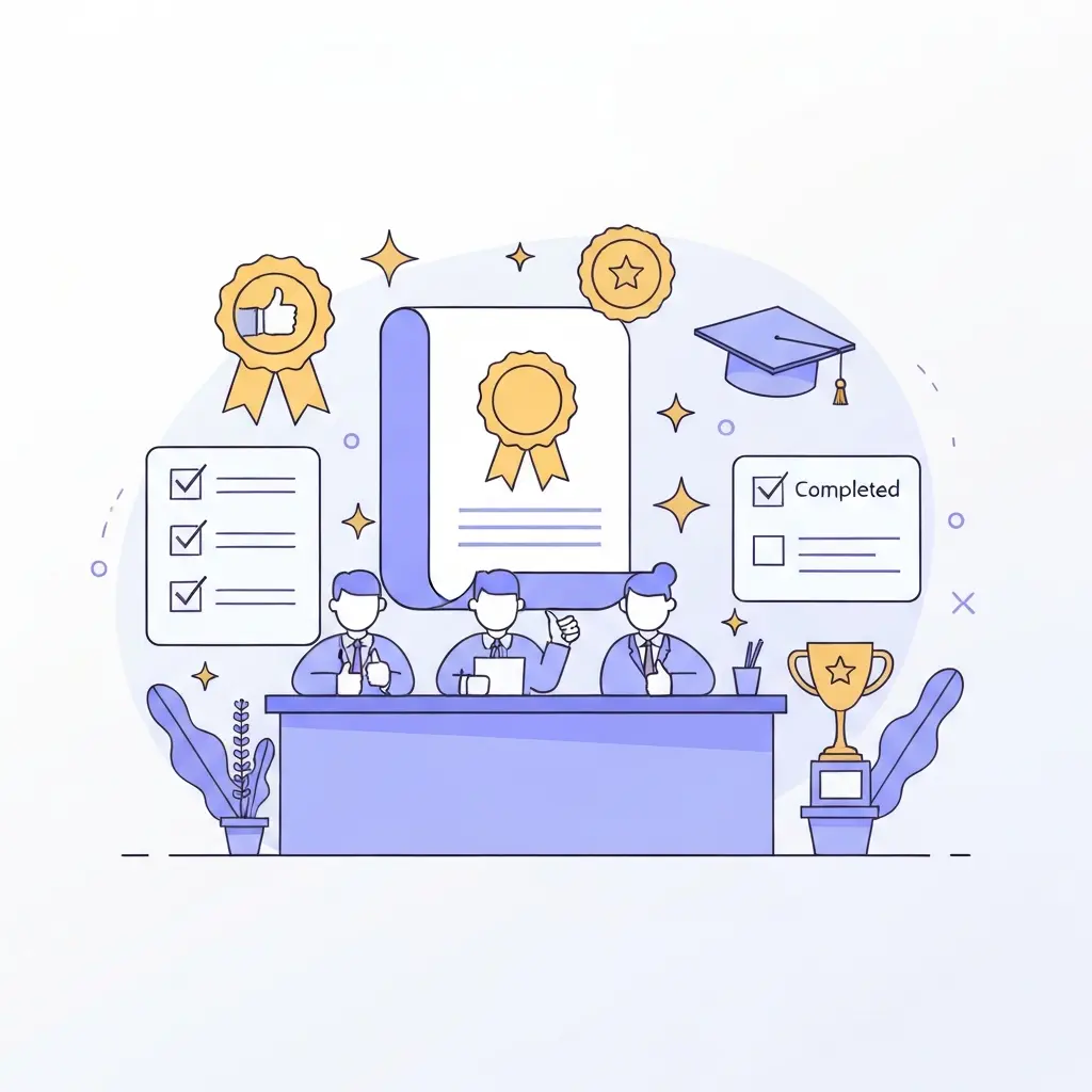 Documento de tesis con sello de aprobación, comité evaluador con gestos positivos, estrellas de excelencia y birrete de graduación