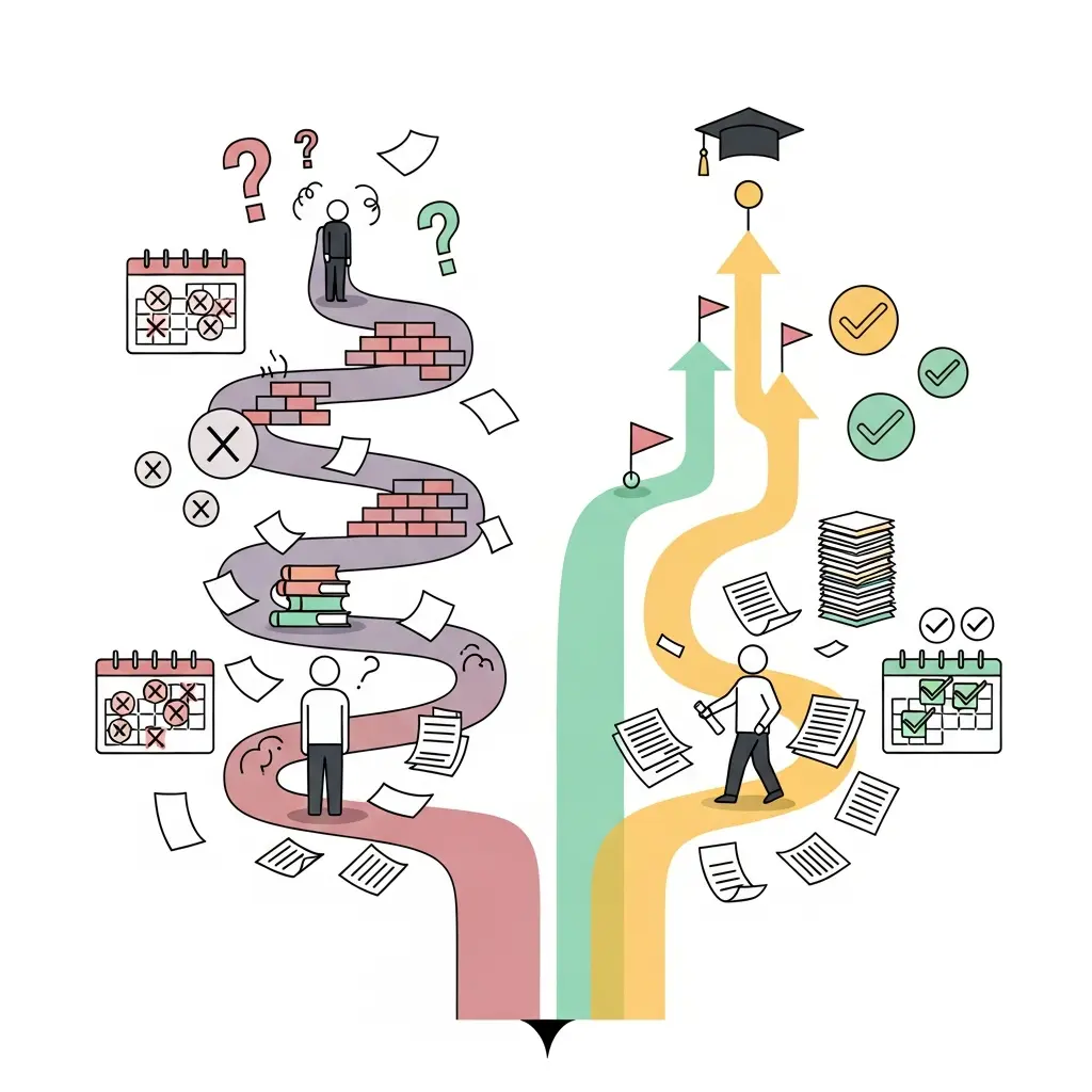 Dos caminos contrastantes: uno caótico con obstáculos representando elección sin método, otro claro y organizado llevando al éxito académico