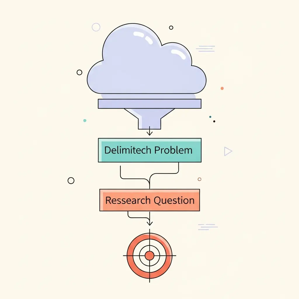 Ilustración que muestra la jerarquía entre tema amplio, problema delimitado y pregunta de investigación, representados como un embudo que va de lo general a lo específico