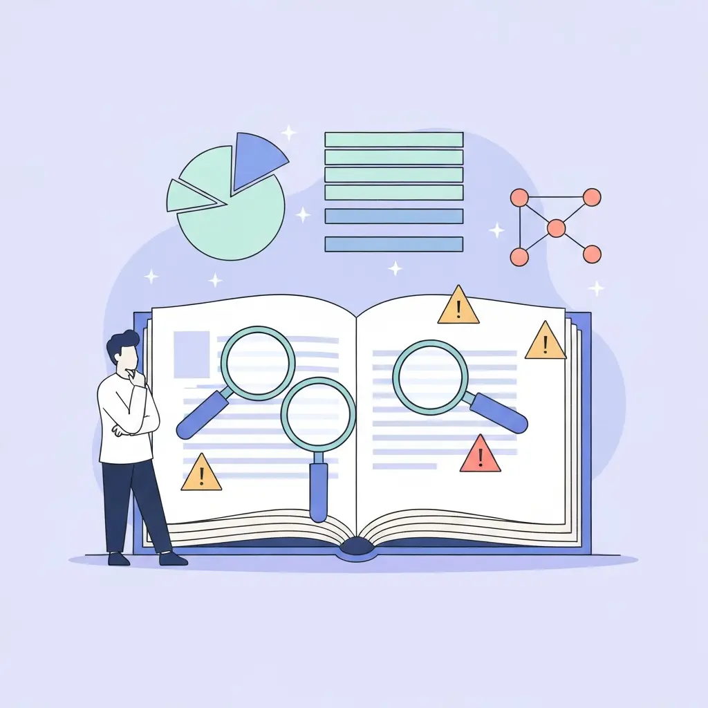 Análisis de puntos débiles en tesis doctoral con lupas examinando diferentes secciones del documento