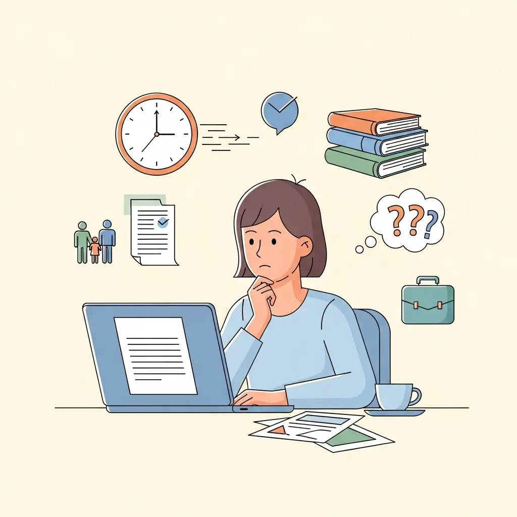 Estudiante en su escritorio rodeado de los desafíos típicos de escribir una tesis