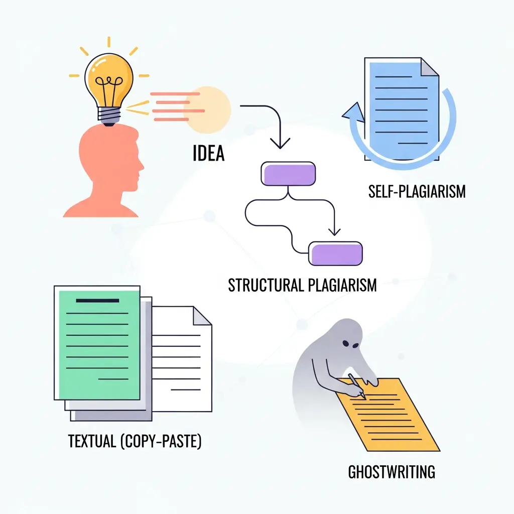 Representación visual de los diferentes tipos de plagio académico: textual, de ideas, estructural, autoplagio y ghostwriting