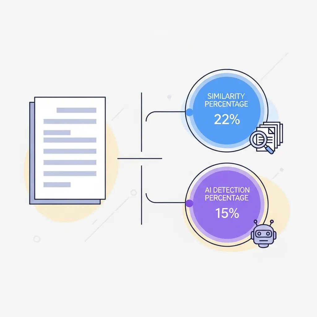 Diagrama que muestra cómo funcionan los dos indicadores independientes de Turnitin: similitud y detección de IA