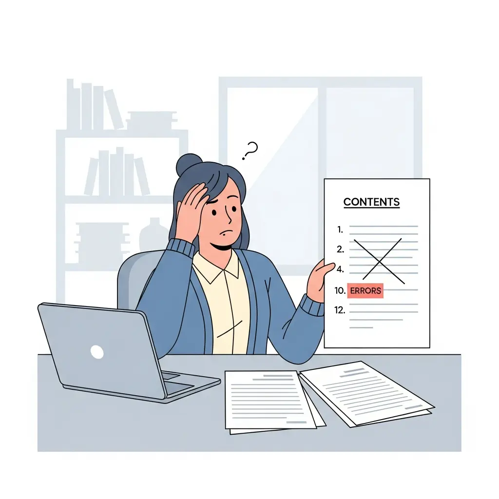 Tutor universitario revisando un TFG con expresión de frustración al detectar errores en el índice