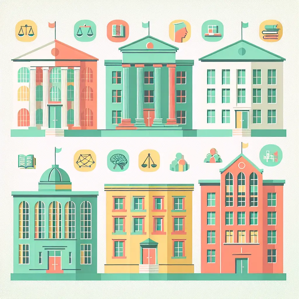 Diferentes facultades universitarias representadas como edificios únicos, simbolizando que cada una tiene sus propias normas