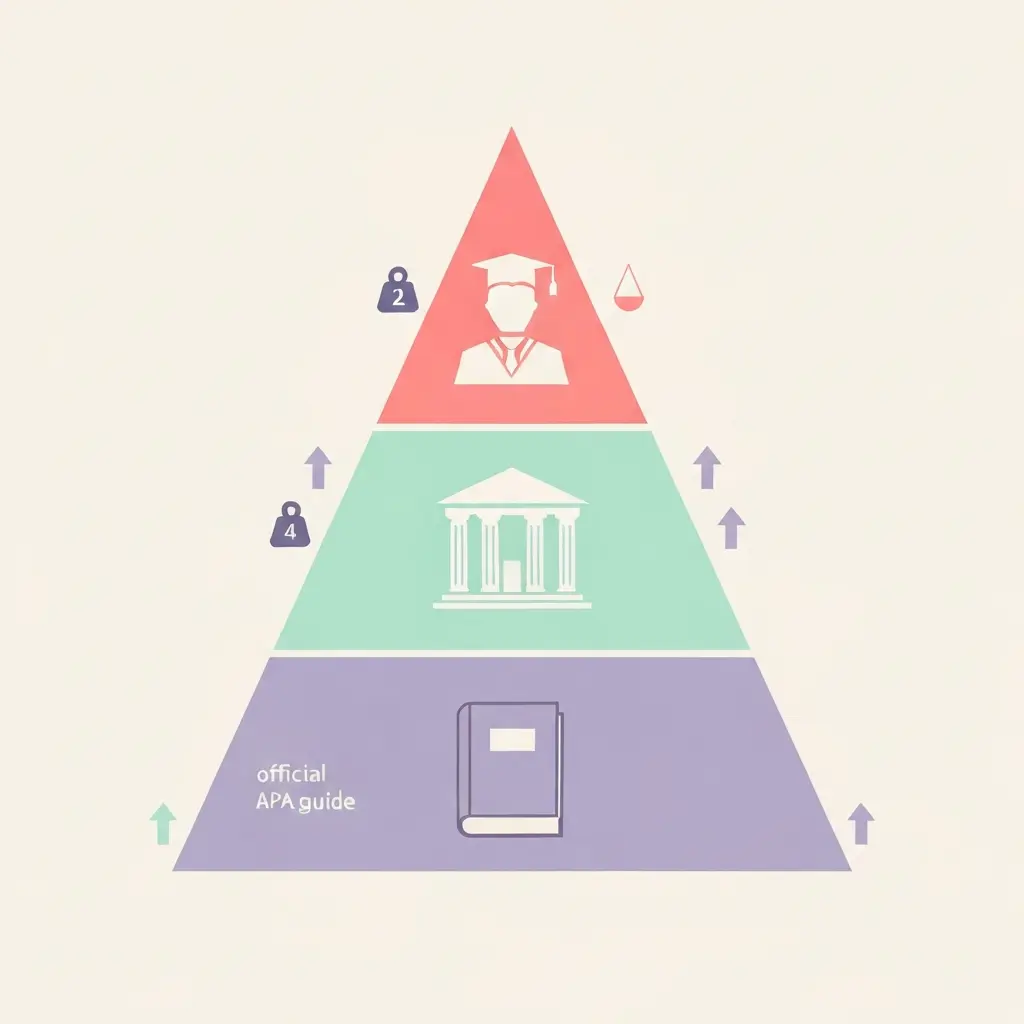 Pirámide invertida mostrando la jerarquía de autoridad en citación: el tutor en la cima, la normativa de facultad en medio, y la guía APA oficial en la base