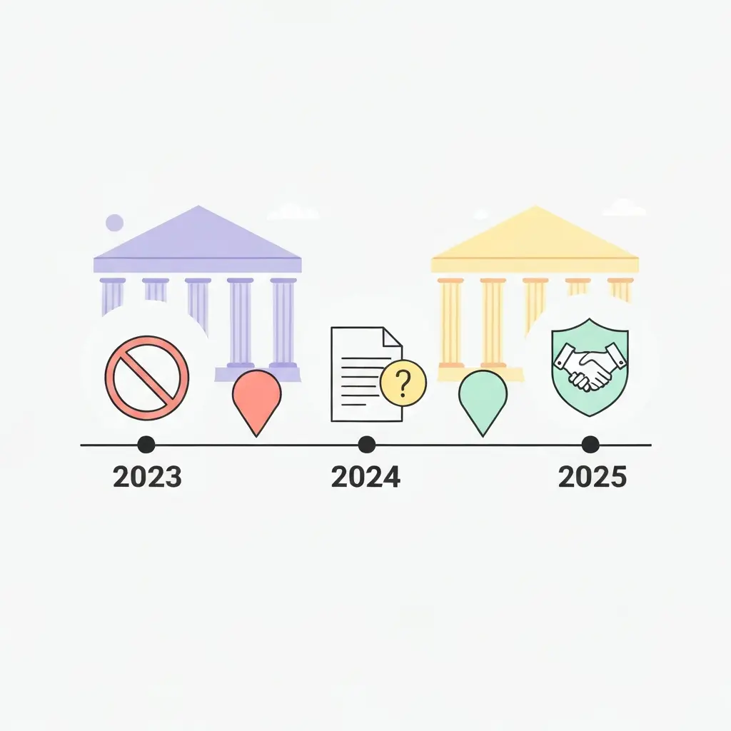 Línea temporal mostrando la evolución de políticas universitarias sobre IA: de prohibición a regulación