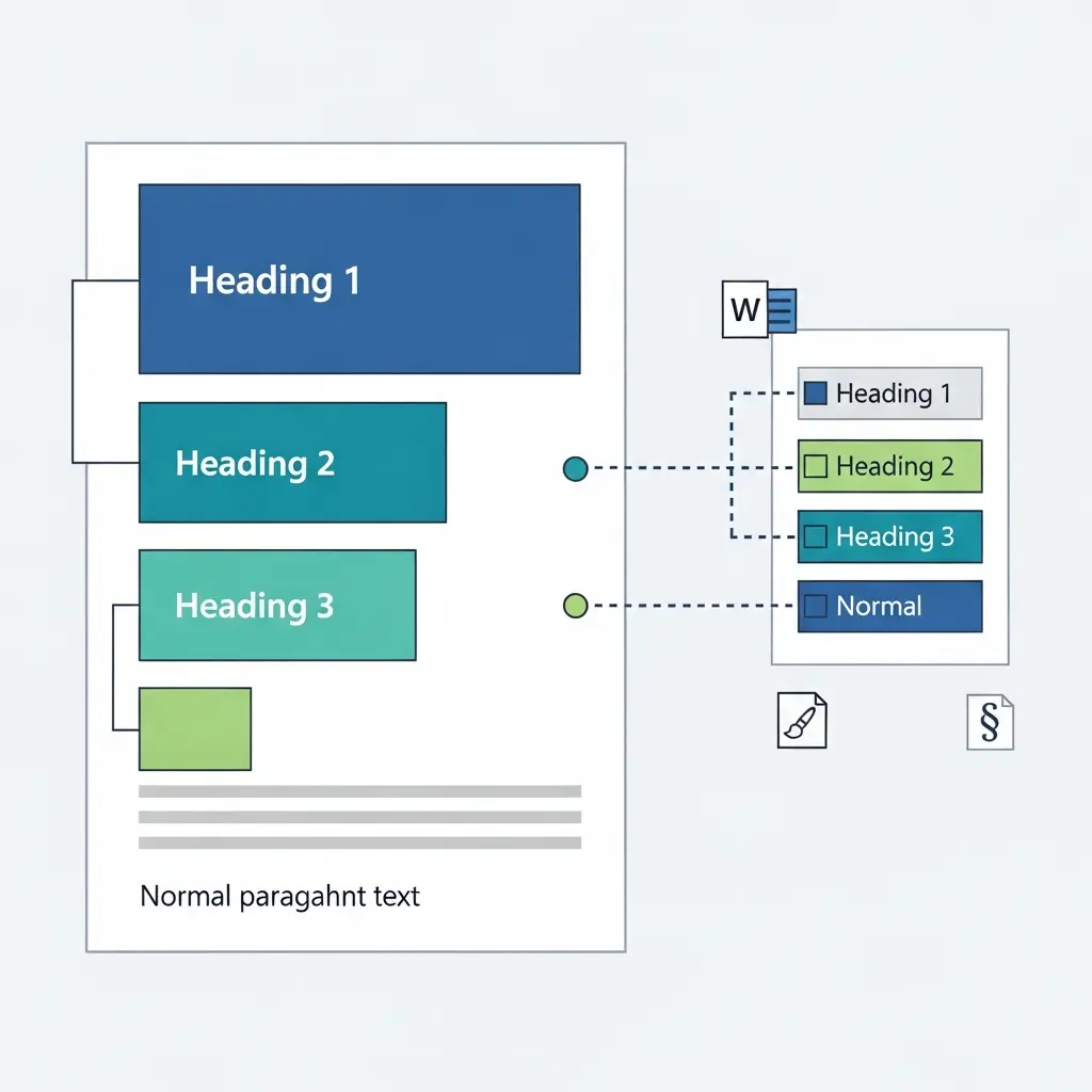 Diagrama del sistema jerárquico de estilos de Word mostrando Título 1, Título 2, Título 3 y texto Normal conectados al panel de estilos