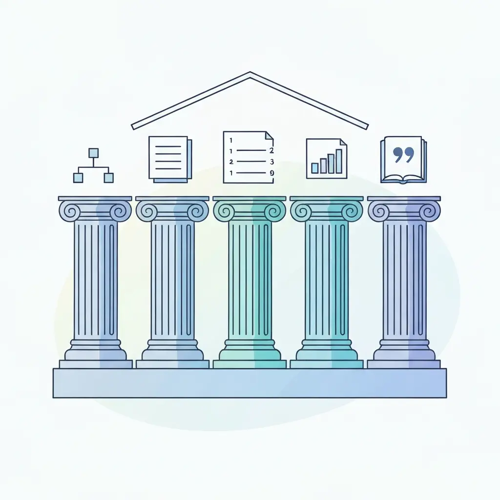 Los cinco pilares técnicos de una plantilla Word profesional representados como columnas clásicas