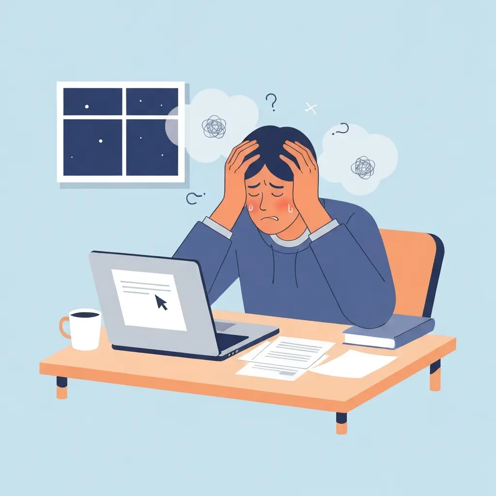 Estudiante universitario frustrado frente a su laptop con documento en blanco, experimentando bloqueo de escritor