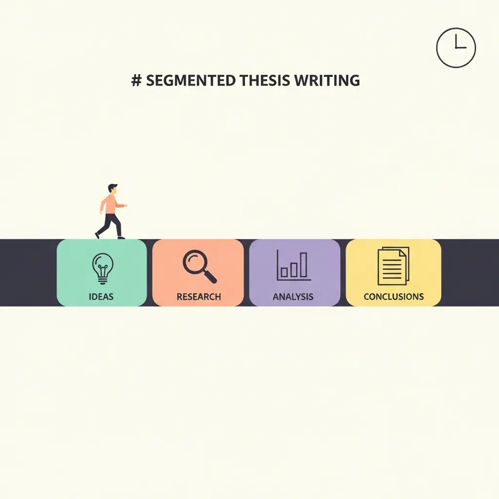 Ilustración del concepto de escritura en bloques o sprints con segmentos de colores representando diferentes secciones de la tesis