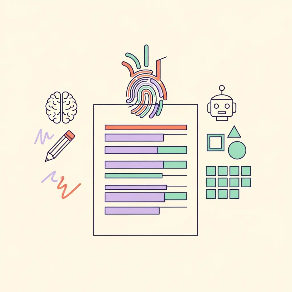 Concepto visual de huella digital de escritura personal comparando texto auténtico con texto generado por IA