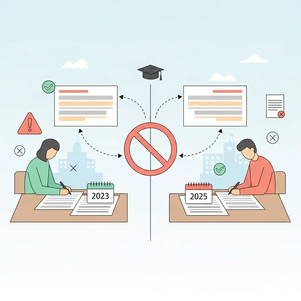 Ilustración que muestra el concepto de autoplagio académico: un estudiante reutilizando texto de un trabajo anterior de 2023 en un nuevo documento de 2025, con un símbolo de prohibición indicando que esta práctica sin citación es problemática