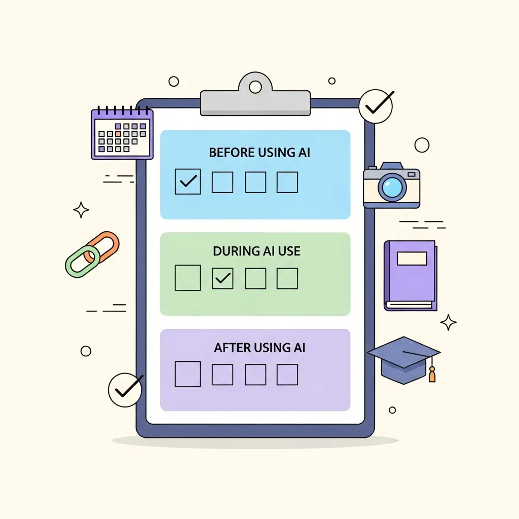 Checklist visual completo para verificar la correcta citación de inteligencia artificial en trabajos fin de grado y tesis