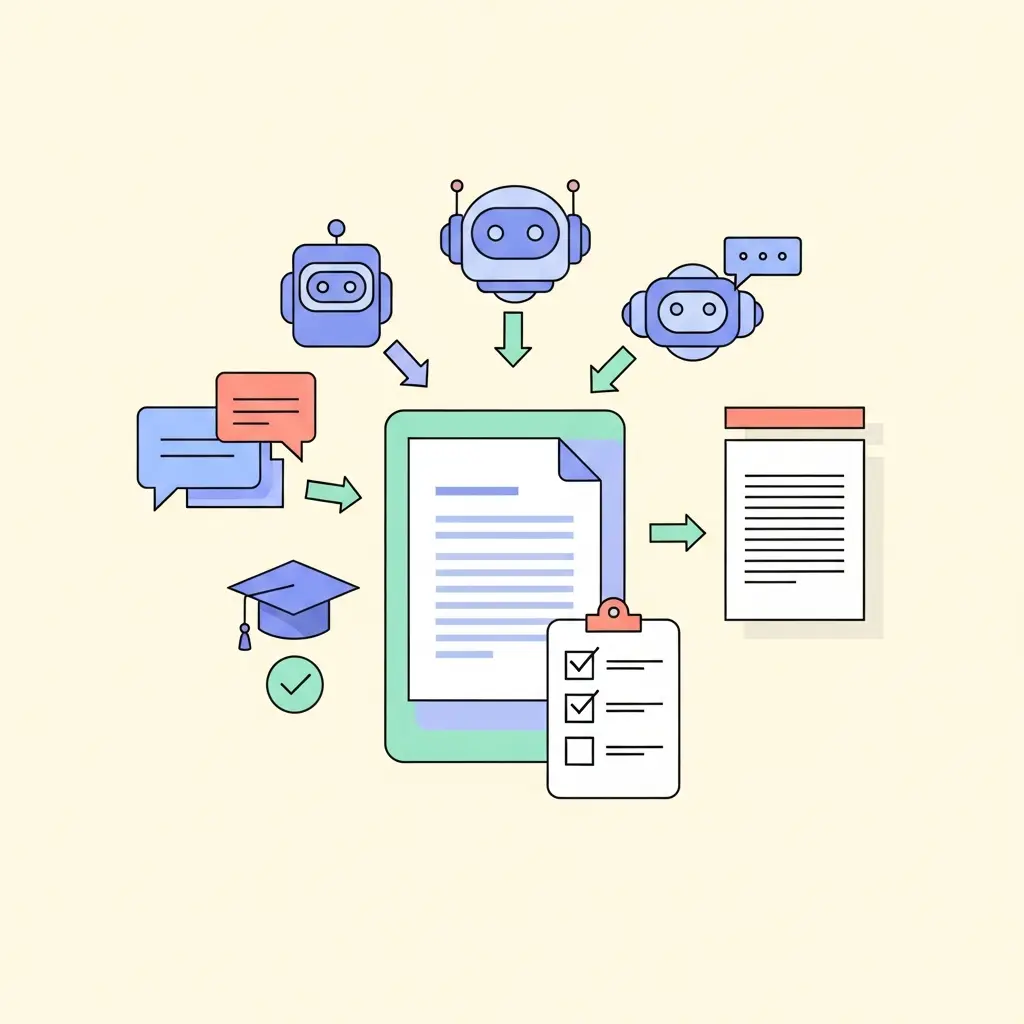 Diagrama ilustrativo del proceso de citación de herramientas de IA generativa como Gemini y Claude en trabajos académicos universitarios