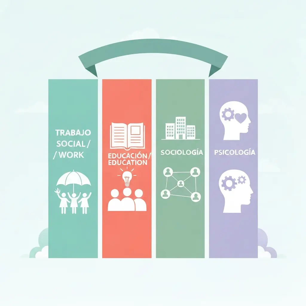 Ilustración de las cuatro disciplinas de ciencias sociales con ejemplos de TFG cualitativos: Trabajo Social, Educación, Sociología y Psicología