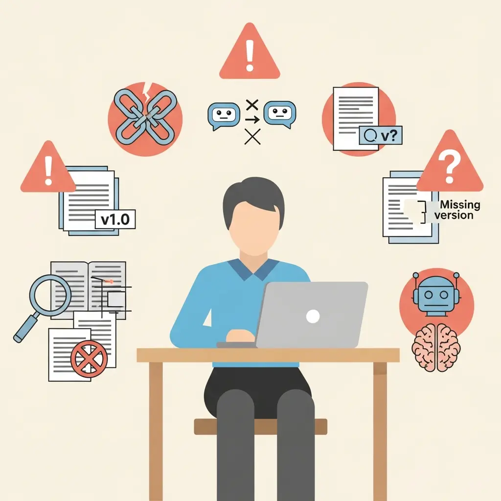 Ilustración de los seis errores más comunes al citar inteligencia artificial en trabajos académicos universitarios