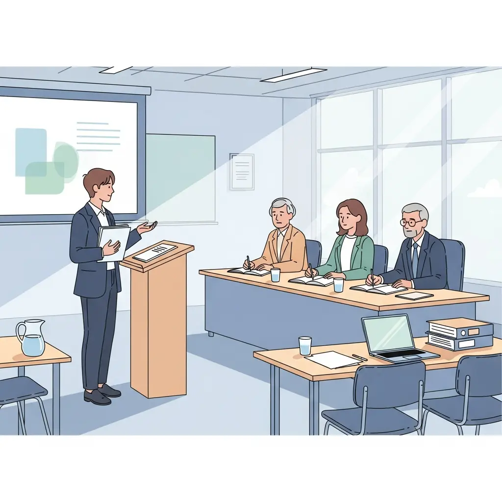 Estudiante español defendiendo TFG ante tribunal universitario con documentación de citación de IA preparada